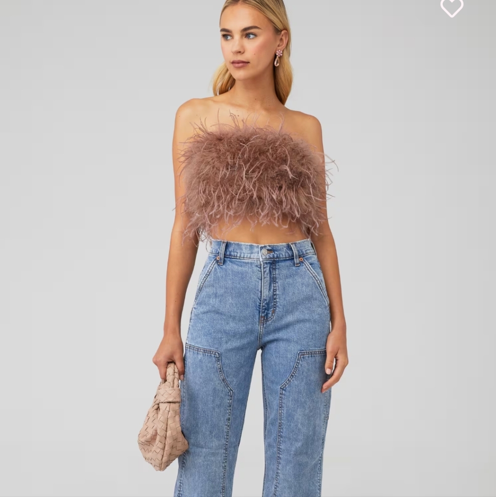 Lamarque Zaina Strapless Ostrich Feather Top - Doeskin color